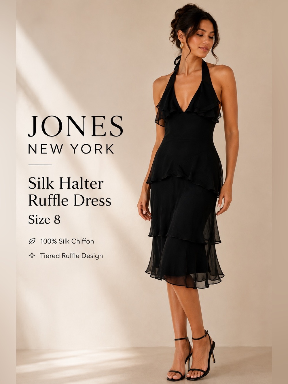 Jones New York 100% Silk Black Tiered Ruffle Halter Dress Size 8 Y2K